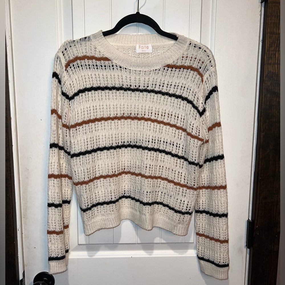 Fate Cream Loose-Knit Sweater with Black and Brown Stripes